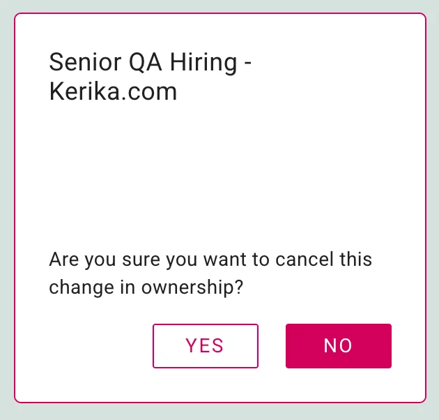 This image shows a board card from the Kerika desktop Home screen that is waiting for the new owner to accept ownership of the board. The user has clicked on the card, and a button appears to cancel transfer of ownership to another user.