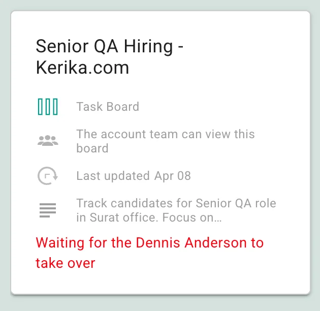 This image shows a board card from the Kerika desktop Home screen that is waiting for the new owner to accept ownership of the board.