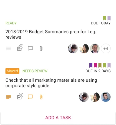 Image shows two cards from a Kerika board, in a column called To Do.  Each card has icons indicating that the tasks represented by those cards have description (details), checklists of subtasks, attached files, and chat streams. Below the cards is a button to add new tasks.