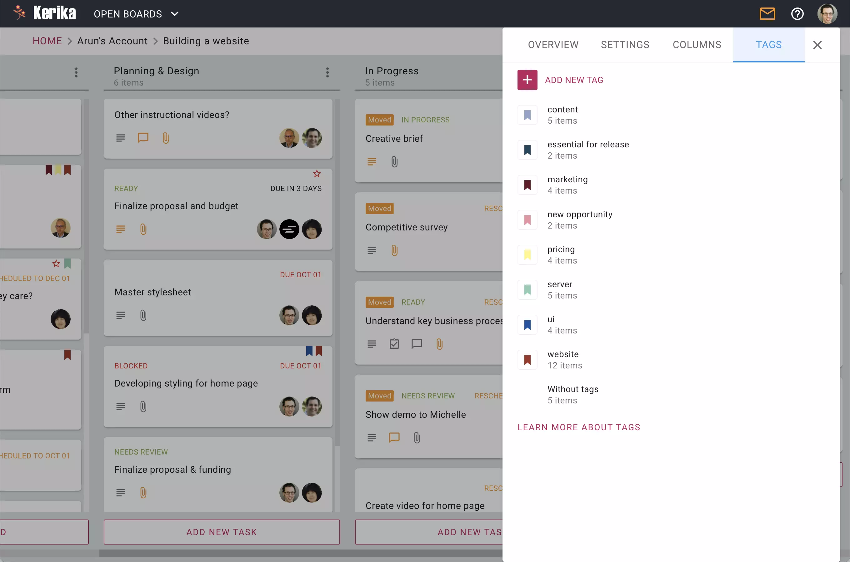 Custom tags help manage large boards.
