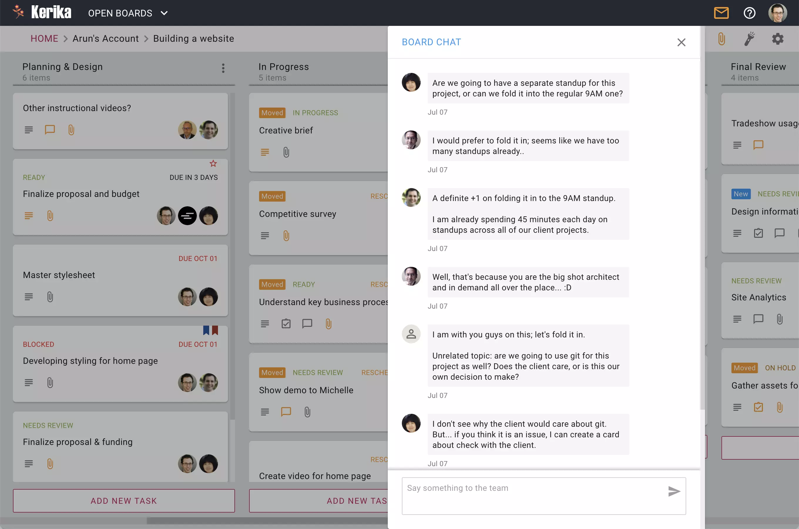 Chat about the board, on the board