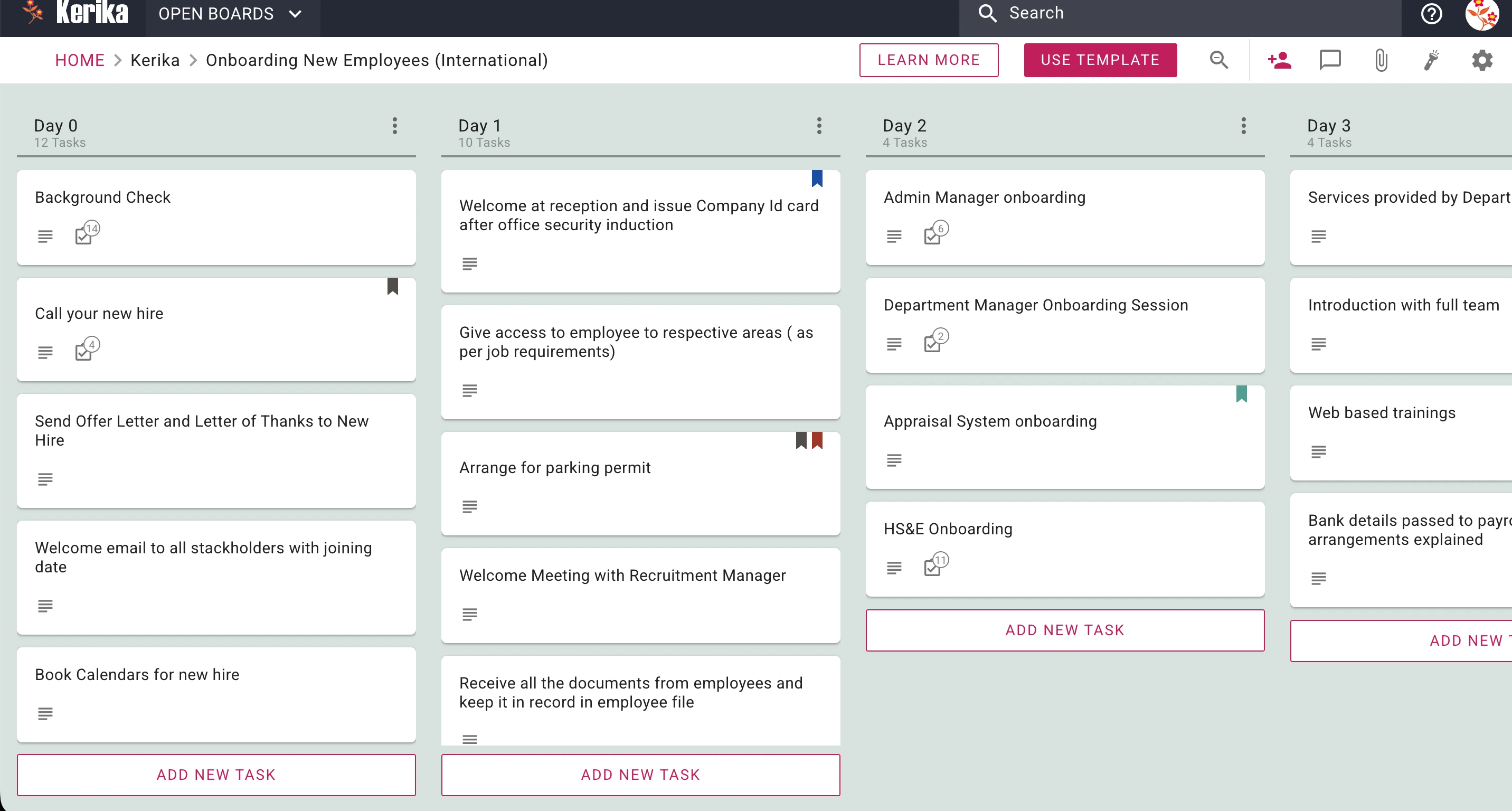 This image shows a screenshot of a Kerika template for Onboarding New Employees. Several cards are in columns on a Kanban-style board. The columns shown are, from left, Background Check, IT & Facilities Setup, Onboarding, In Progress, and Completed. On the top-right corner there is a USE TEMPLATE button along with icons for accessing the board's team, chat, attachments, etc. At the top of each column there is a count of all the cards in that column. The cards are not assigned to anyone since this is a template.