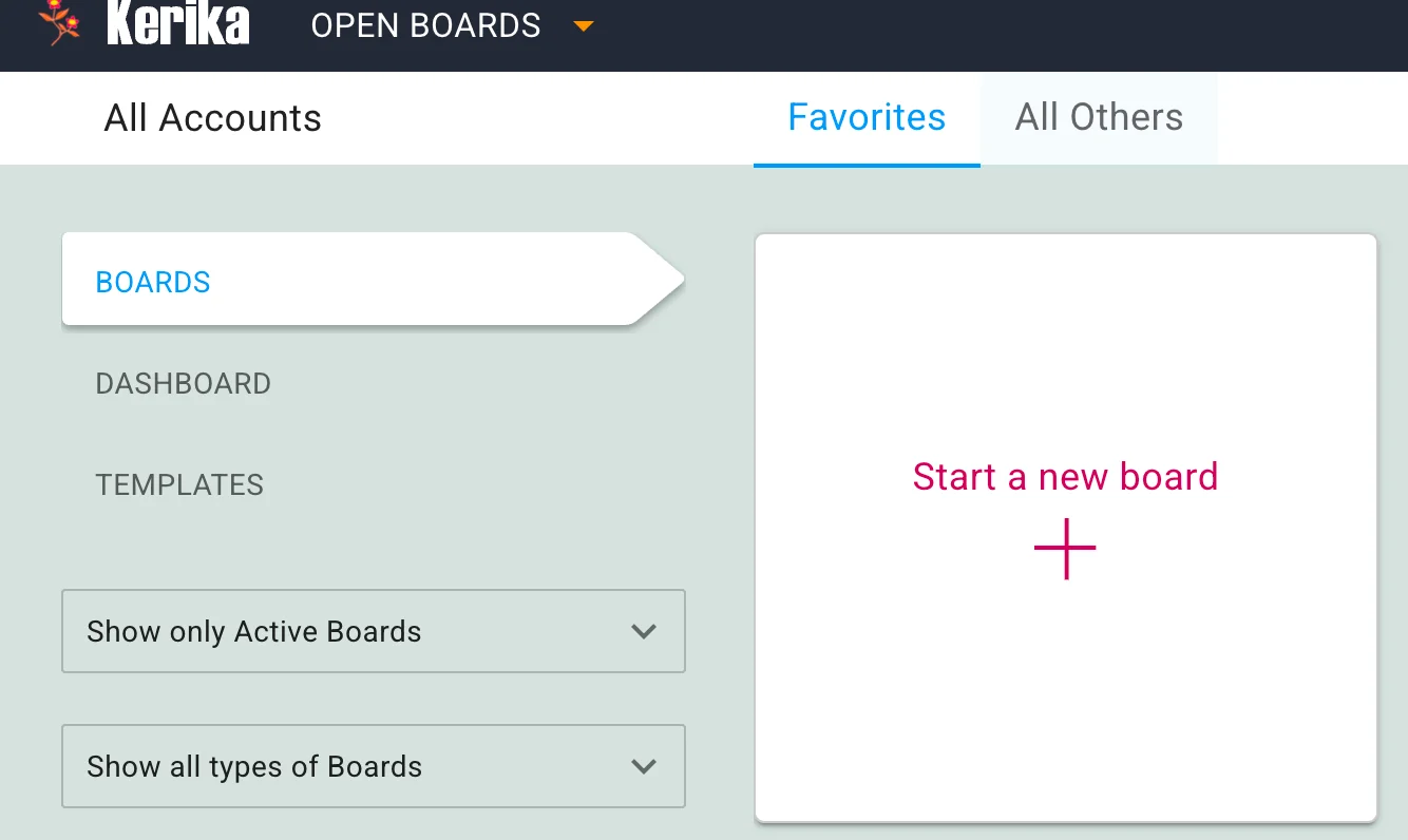 This image shows a partial screenshot of the Home screen of the Kerika on the desktop. At the top are tabs labeled Favorites and All Others. On the left there is navigation to set the view to show either Boards, the Dashboard, or Templates in this account. The Boards are currently being displayed. Below, on the left, are dropdowns to filter the view to show only active boards (i.e. those that are not in the Trash or Archive), and to show all types of boards (i.e. both Task Boards and Whiteboards.) Below these dropdowns are checkboxes to further filter the set of boards shown to those from specific accounts that the user has shown. The main part of the screen shows a large button to Start New Board which is highlighted.